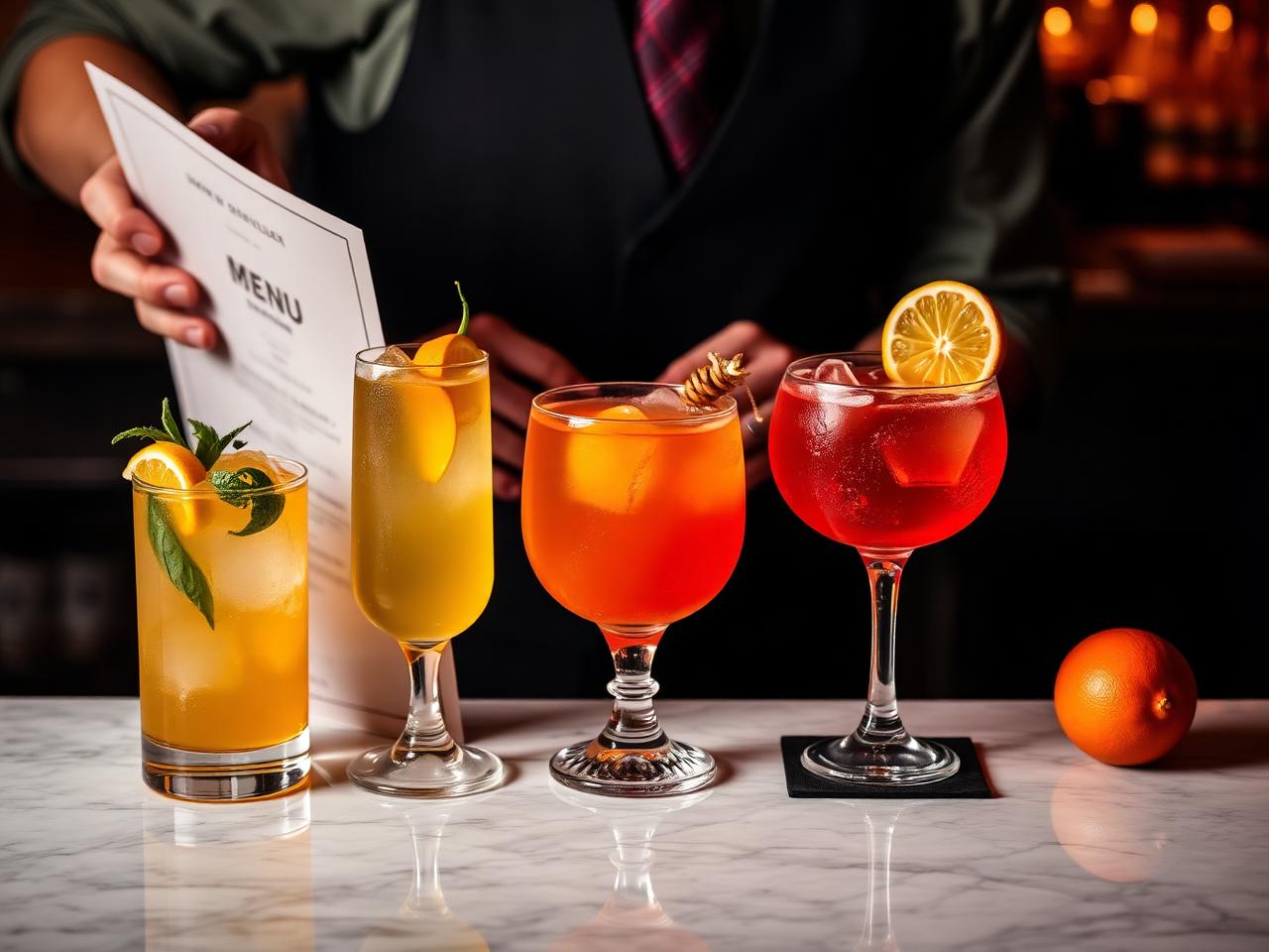 Bartender arranging a cocktail menu card beside three vivid craft cocktails on a marble bar