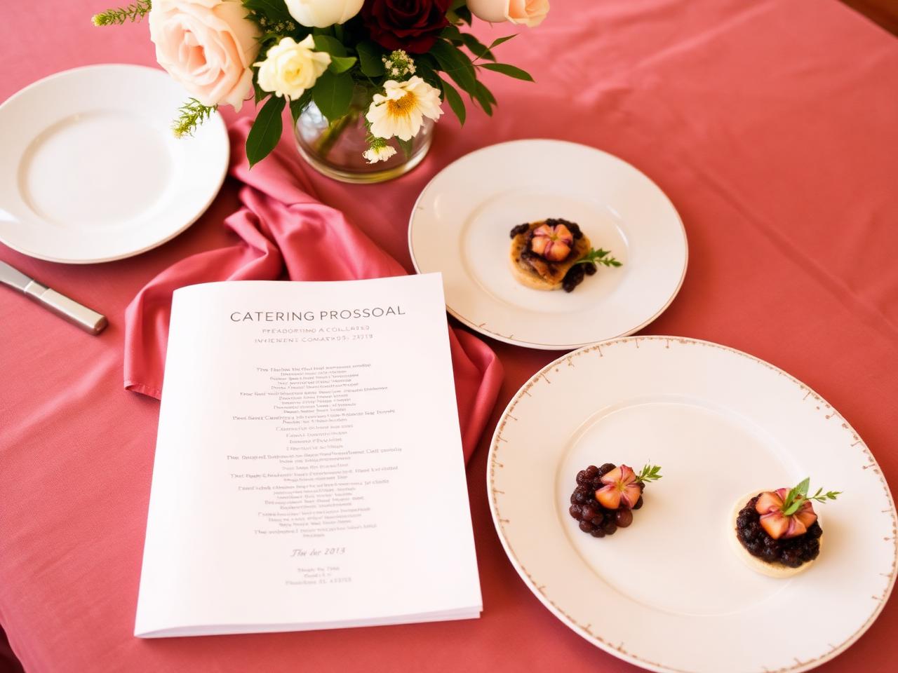 Catering proposal document and tasting plates on a private event table with linen and flowers