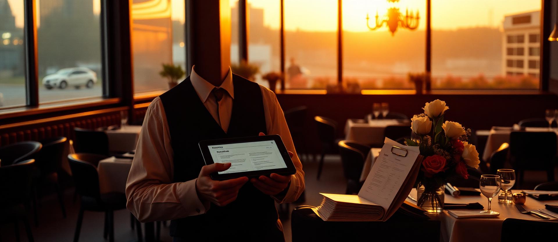 Restaurant host stand at golden hour with a reservation book, menus and fresh flowers