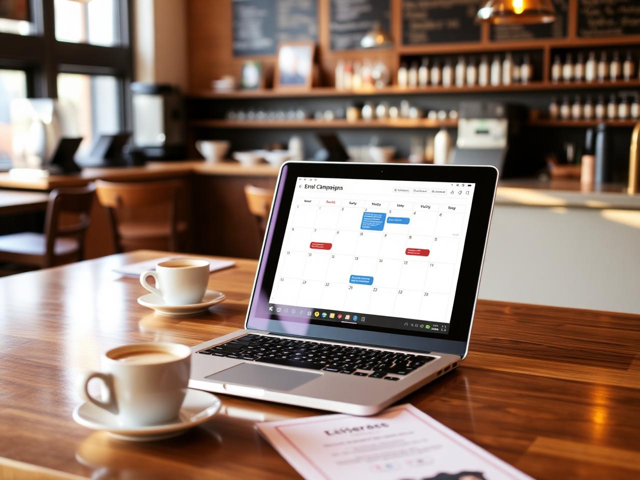 Laptop showing an email campaign calendar on a restaurant bar counter beside espresso