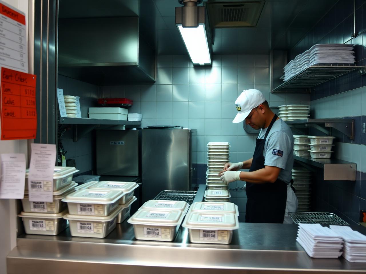 Cook sealing labeled takeout containers in a compact delivery-only commercial kitchen
