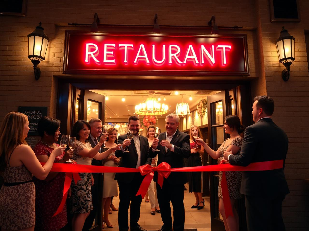 Restaurant grand opening celebration with a red ribbon and guests toasting champagne