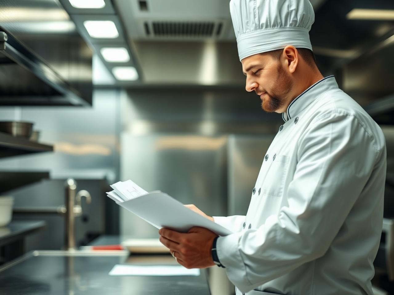 Chef holding an inspection readiness checklist in a gleaming commercial kitchen