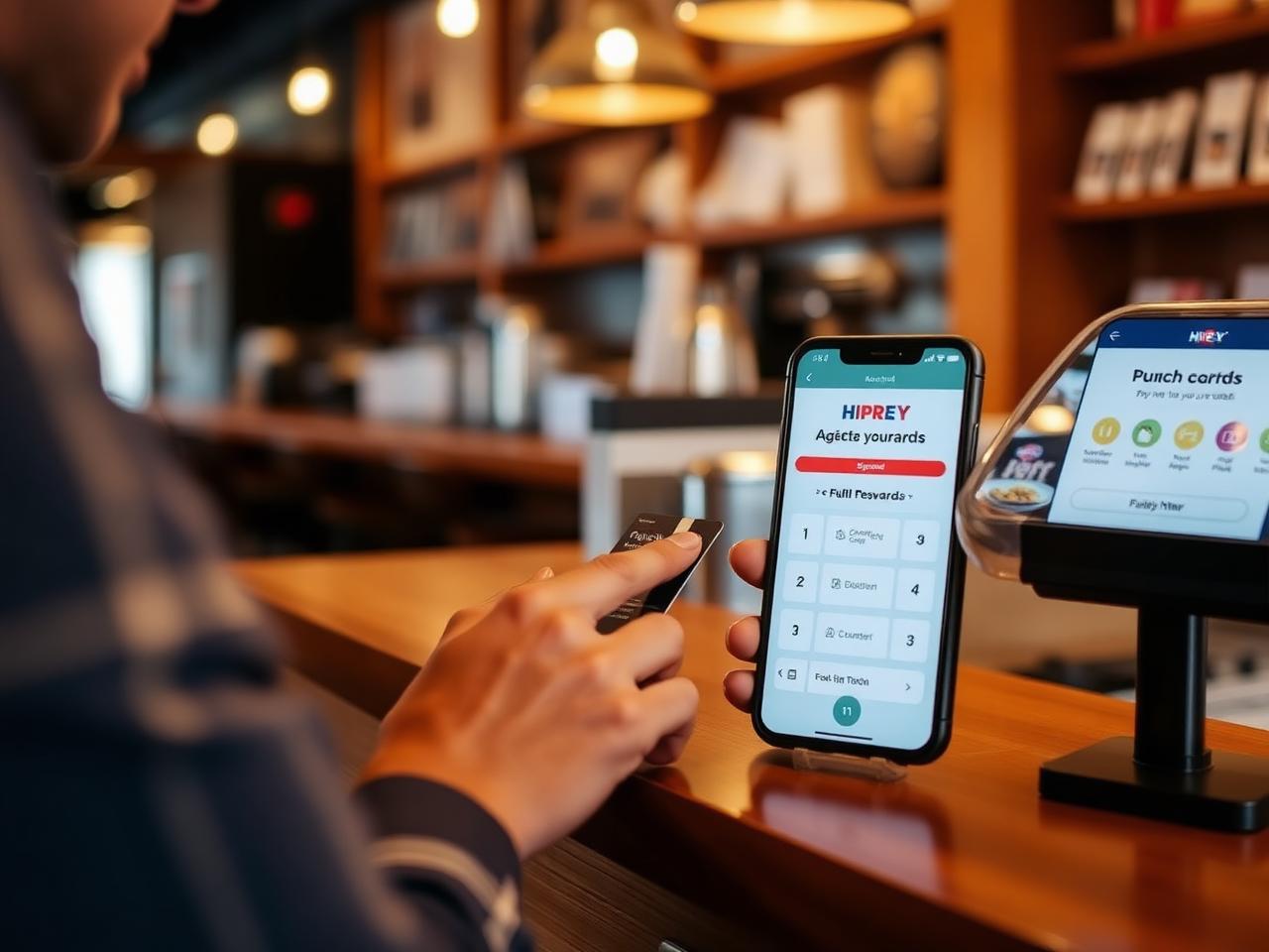 Guest tapping a loyalty card at a restaurant counter beside a rewards screen