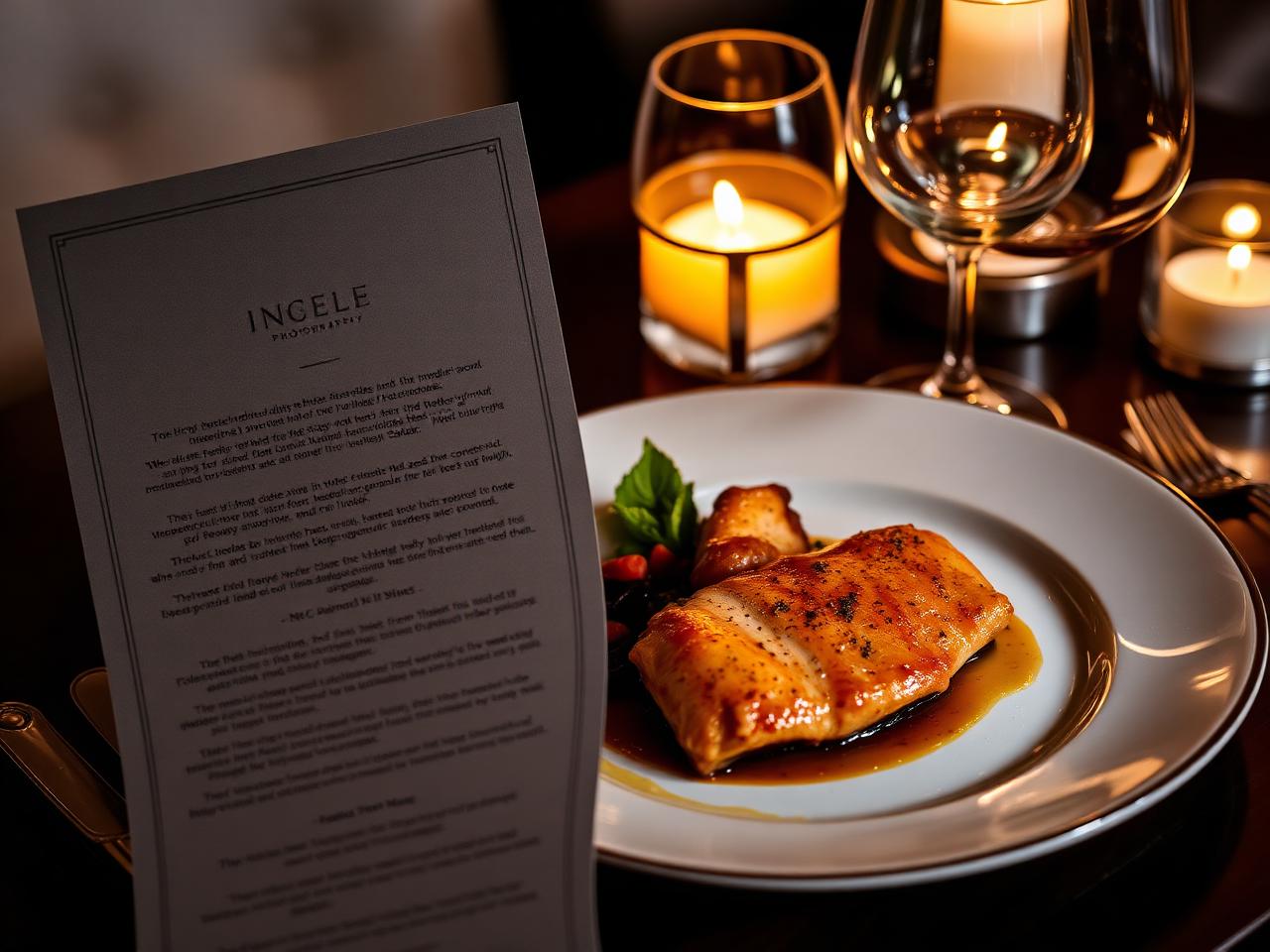 Printed dinner menu beside a plated main course and a glass of wine in candlelight