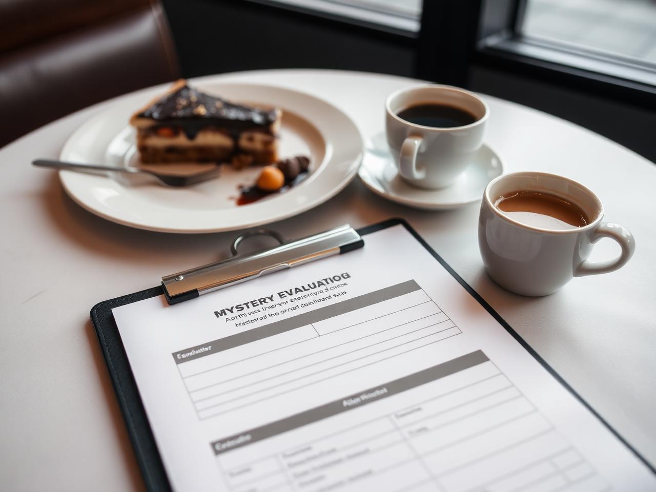Mystery diner evaluation form on a clipboard beside dessert and coffee on a restaurant table