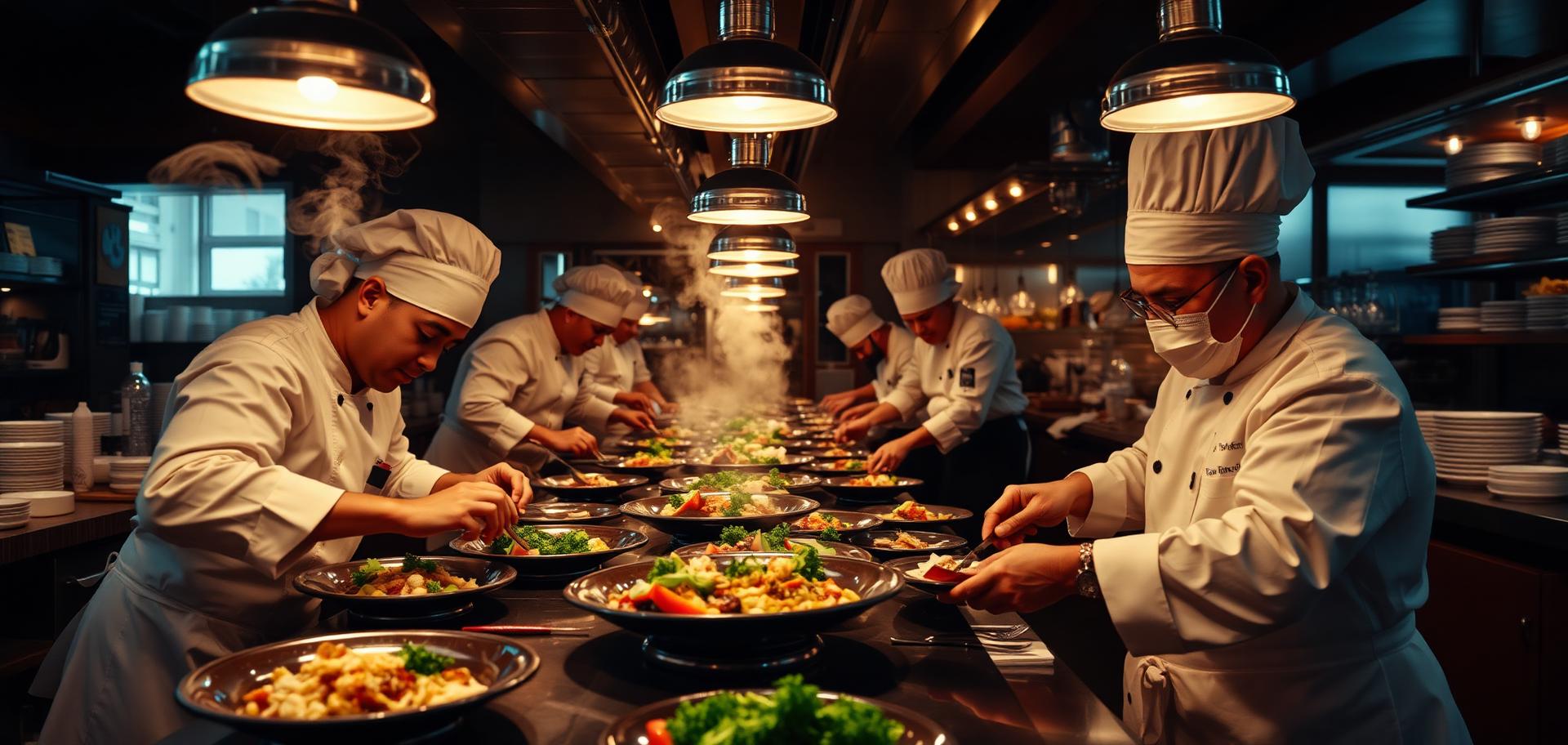 Two chefs plating dishes on a busy restaurant pass during dinner service