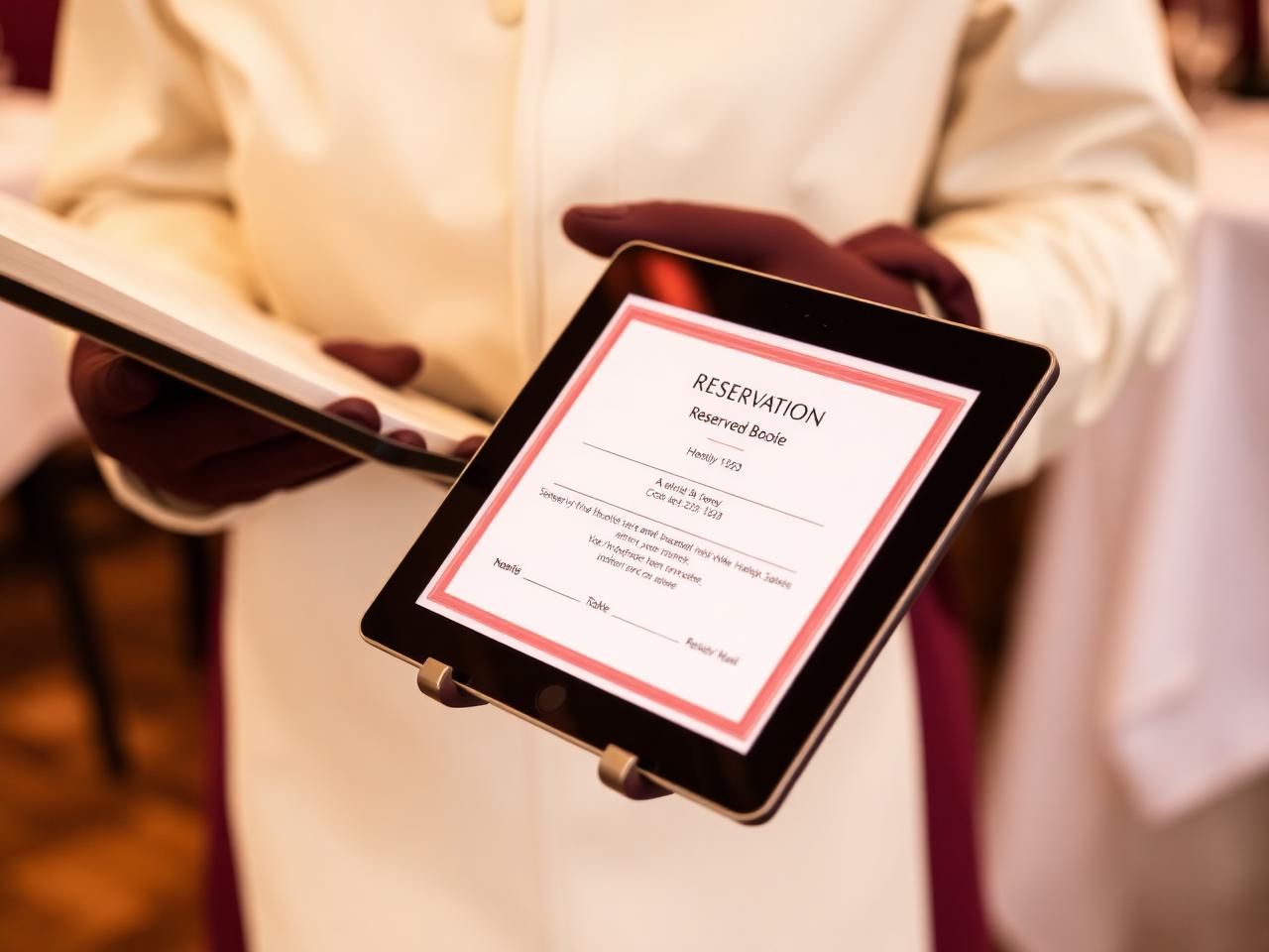 Reservation book and tablet on a restaurant host stand with a reserved table card