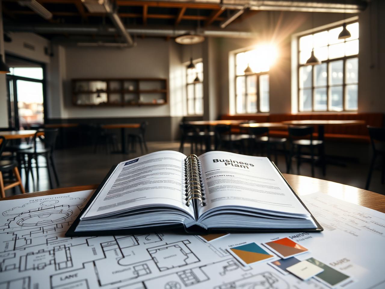Open restaurant business plan binder on a table in an unfinished restaurant space with floor plans