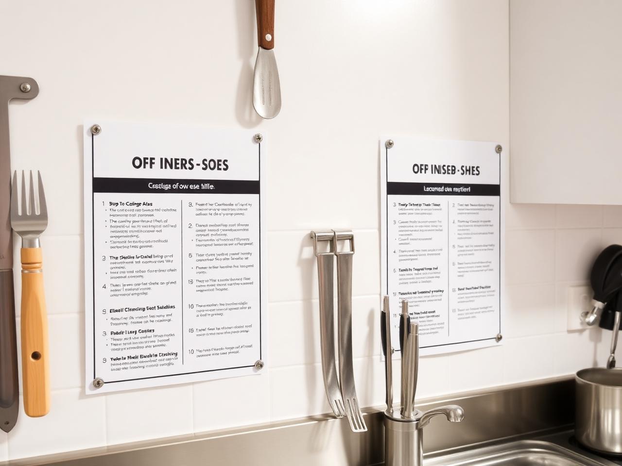 Laminated opening and closing SOP sheets posted on a kitchen wall beside neatly arranged tools