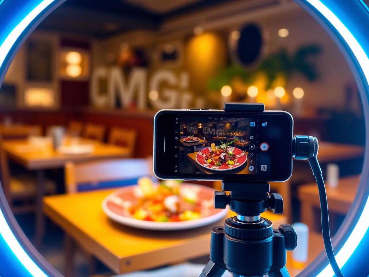 Phone on a tripod filming a colorful plated dish under a ring light in a restaurant