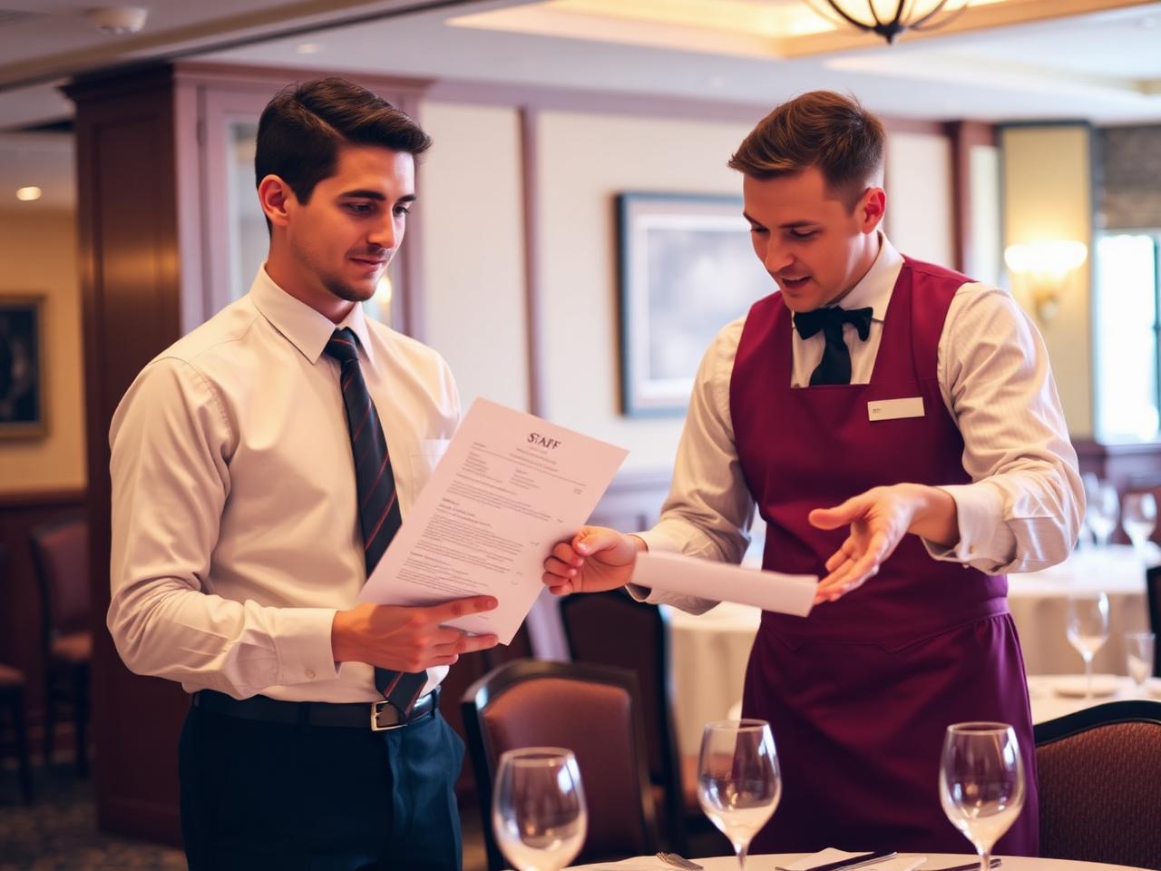 New server reading a printed staff manual while a senior server demonstrates table setup