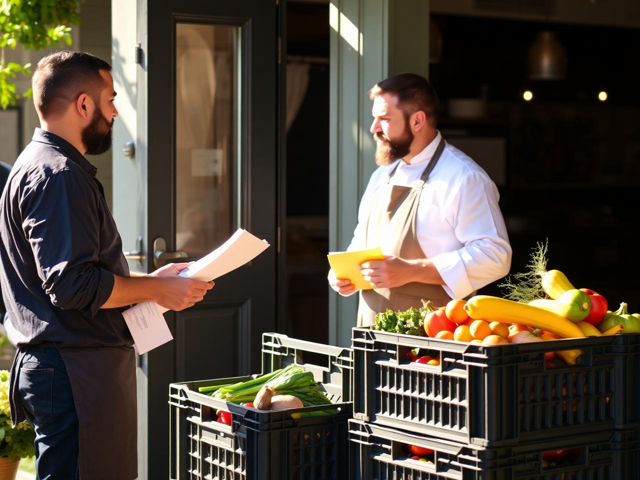 Chef negotiating with a produce supplier over an invoice beside crates of vegetables