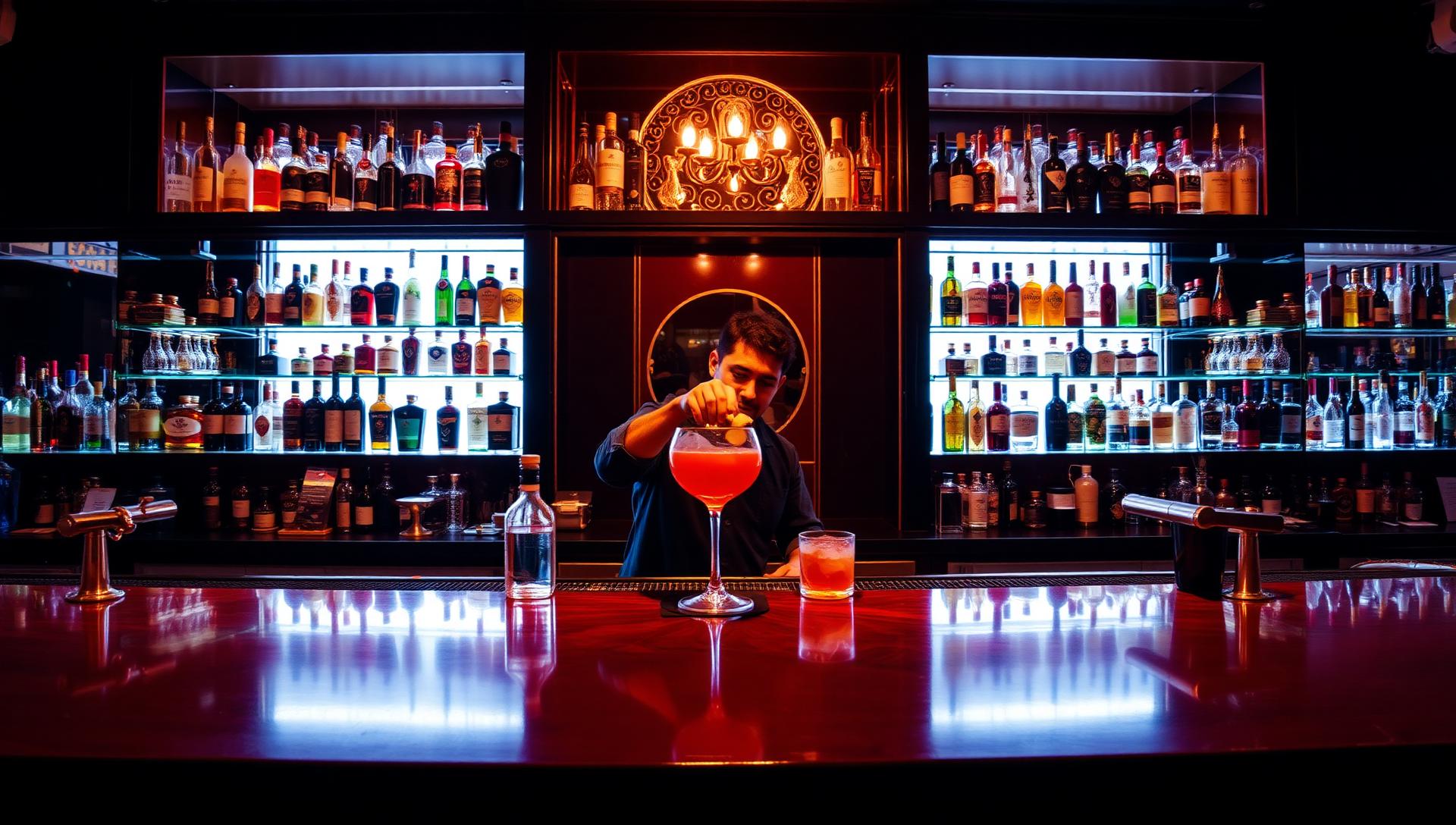 Backlit bar with bottles and brass fittings while a bartender mixes a cocktail