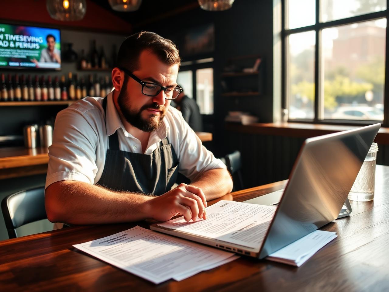 Restaurant owner at the bar reviewing license paperwork on a laptop with permit documents spread out