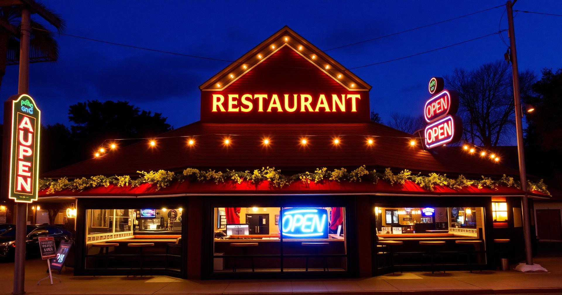 Newly opened restaurant bar at dusk with warm lights on and an open sign