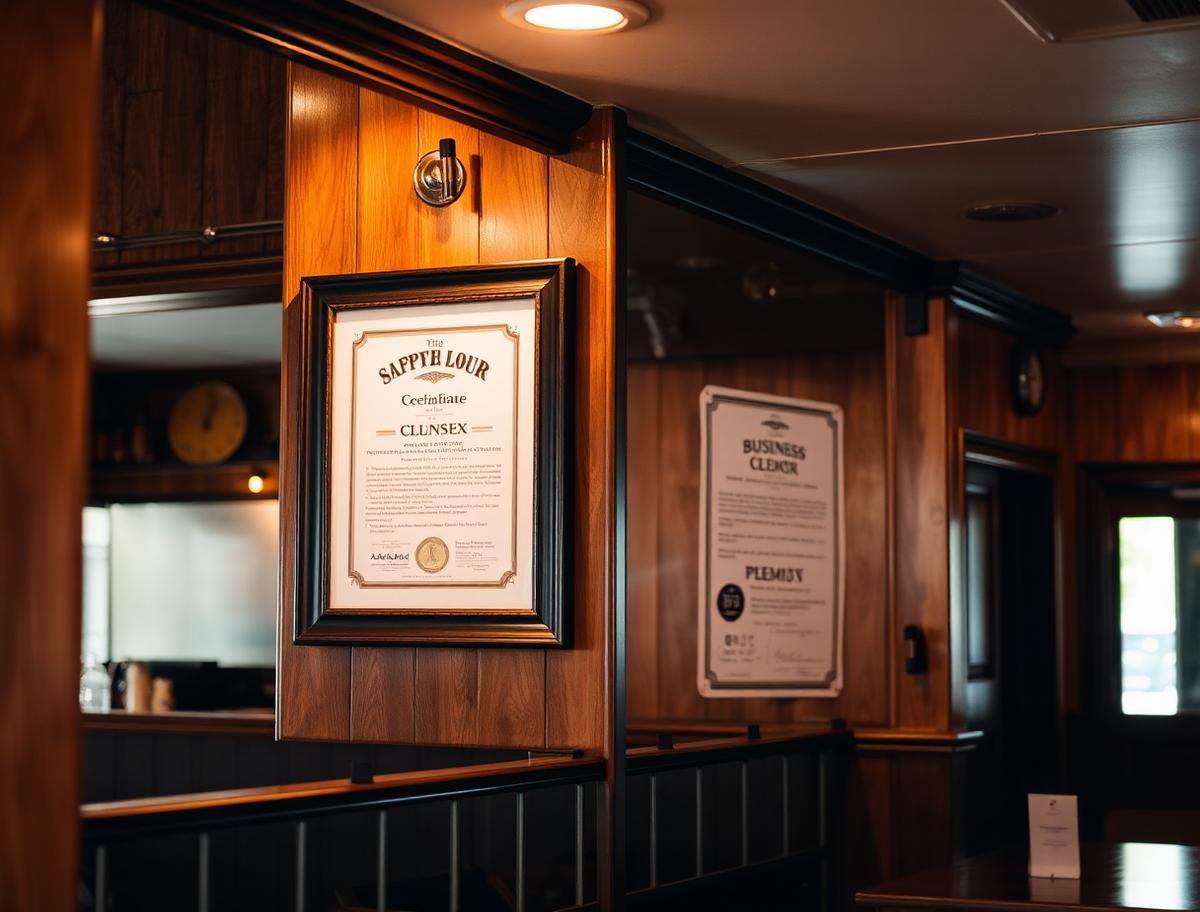 Framed liquor license and business permit on a wood-panelled restaurant wall near the bar
