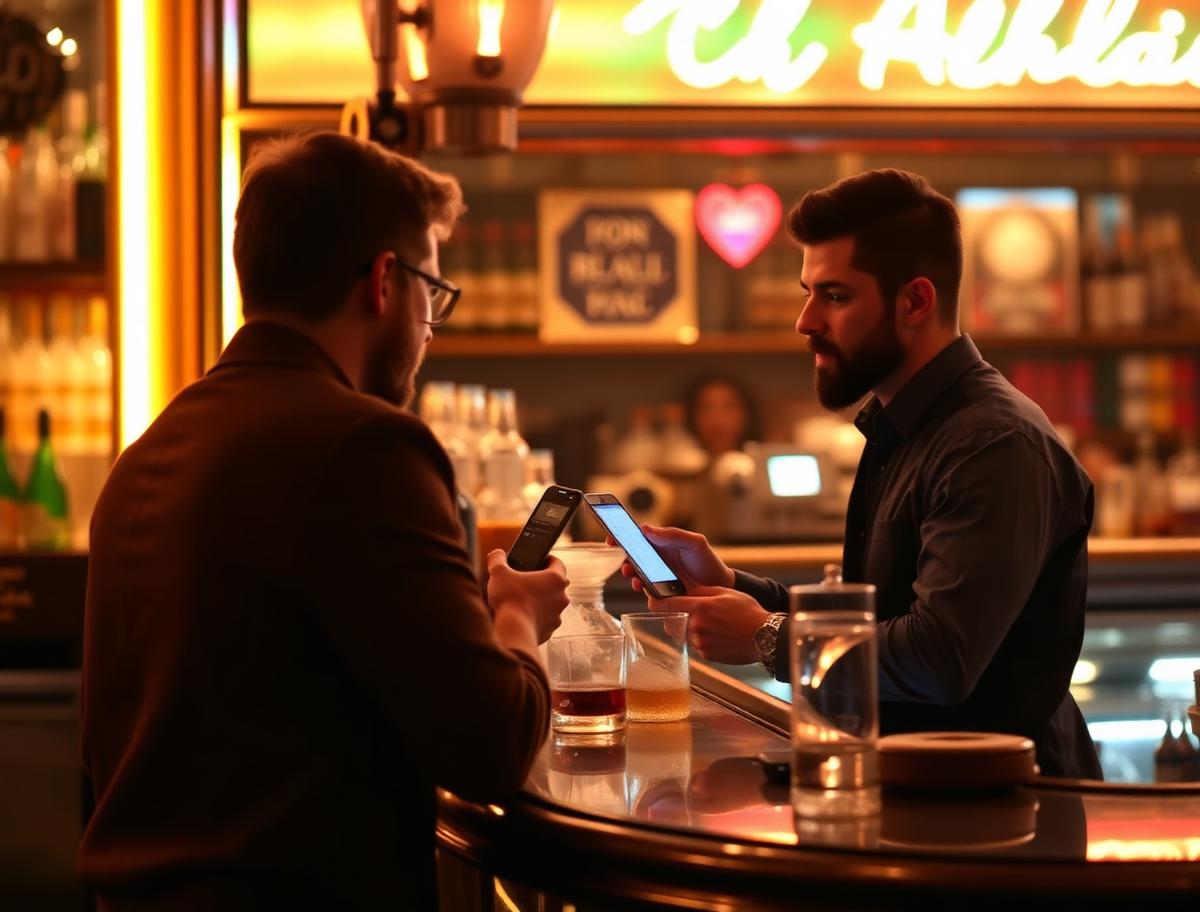 Bartender checking a customer's ID at a lively bar counter