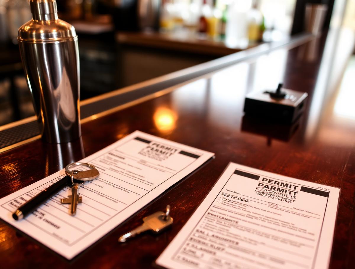 Permit application forms, a pen and keys on a bar counter beside a cocktail shaker