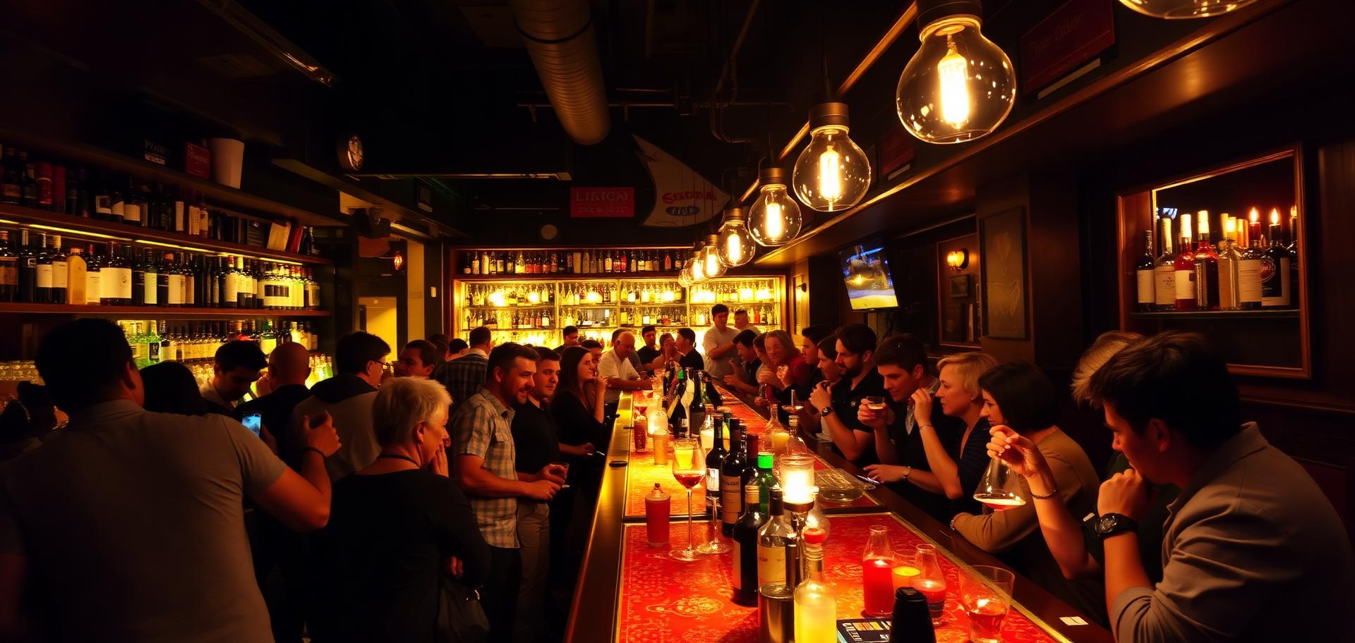 Packed neighborhood cocktail bar at night with guests toasting under a glowing bottle wall