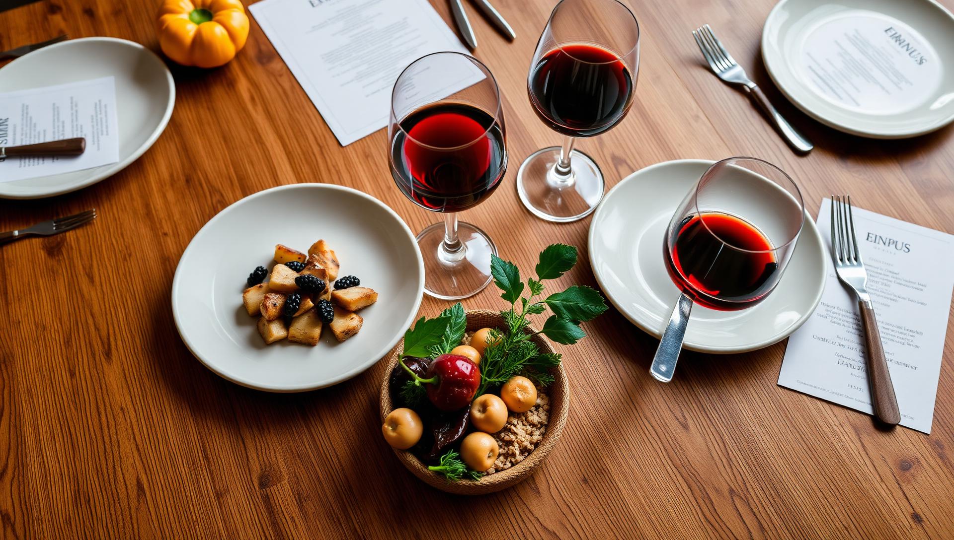 Restaurant table flat lay with printed menu cards, fresh produce and a glass of red wine on warm oak