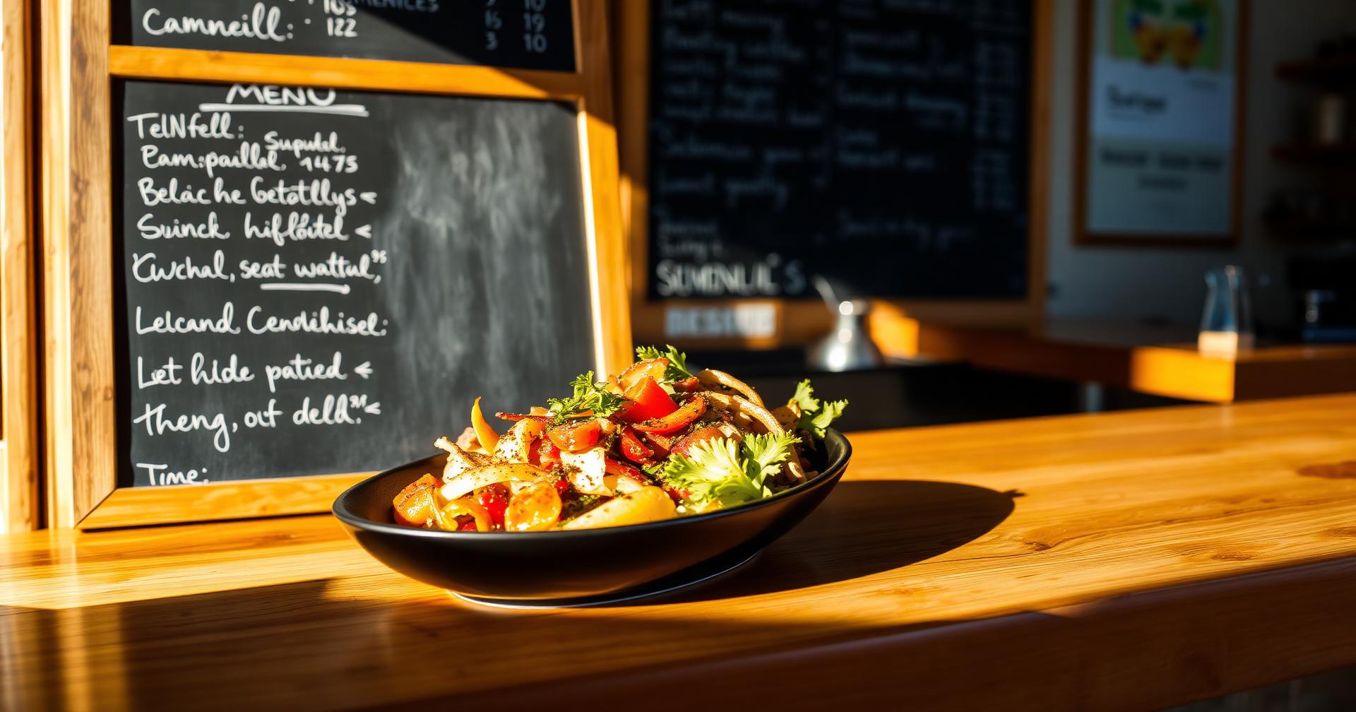 Chalkboard restaurant menu beside a beautifully plated seasonal dish on a wooden counter