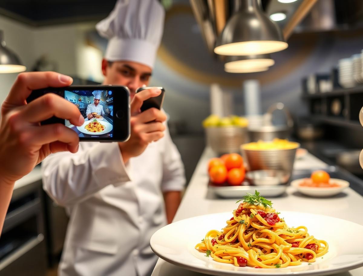 Chef photographing a freshly plated pasta dish with a phone in a bright restaurant kitchen