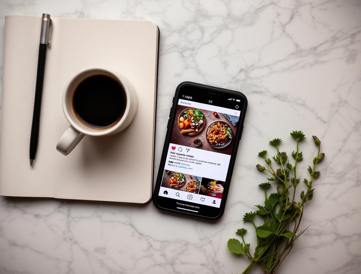 Restaurant social media flat lay with a phone showing a food post, espresso and herbs on marble