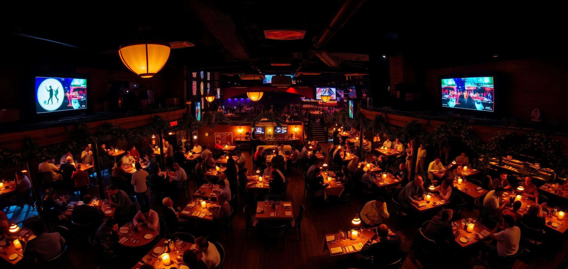 Full lively restaurant dining room at night seen from above