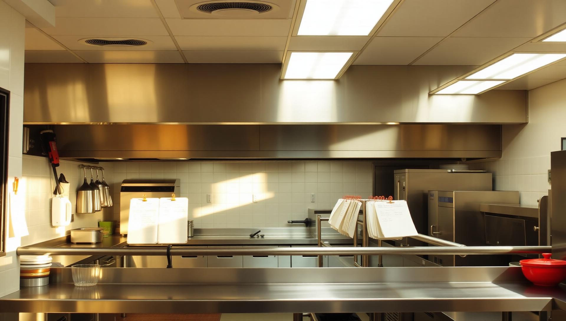 Spotless professional restaurant kitchen at opening time with prep lists clipped to a rail