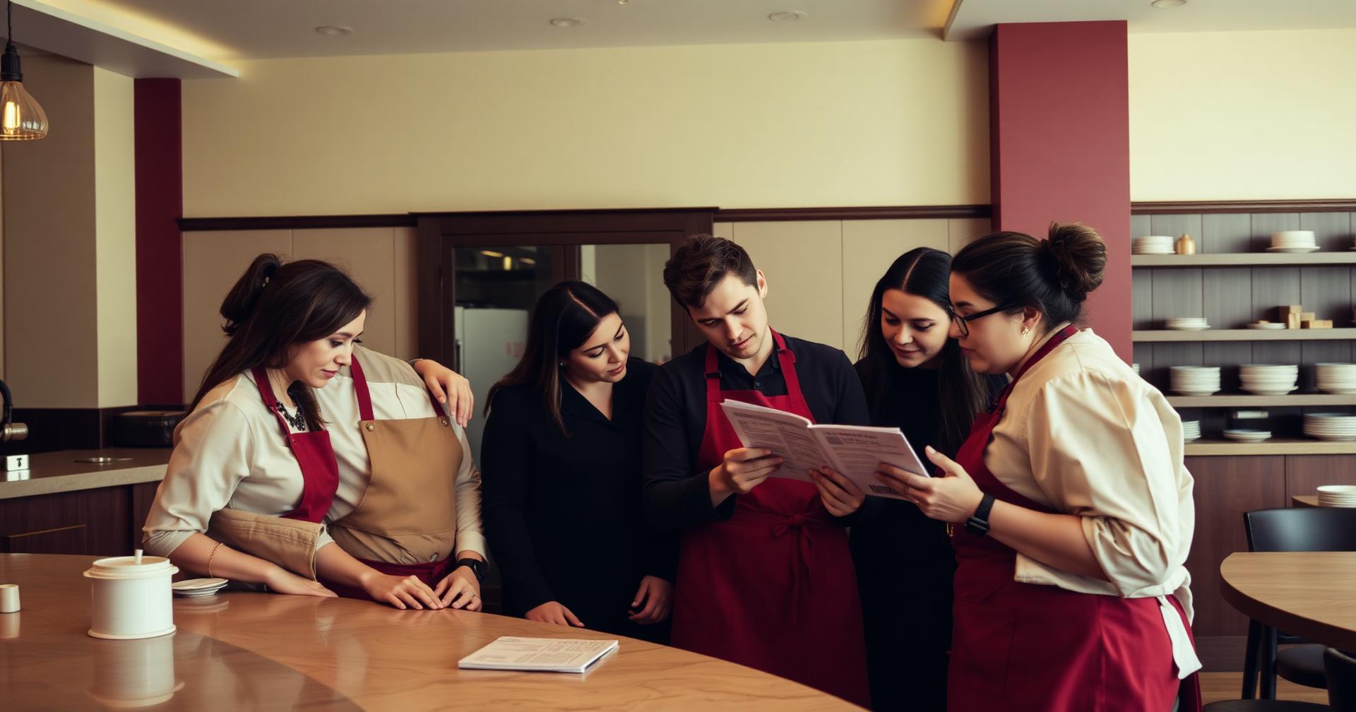 Restaurant team gathered around a counter reviewing a printed training manual