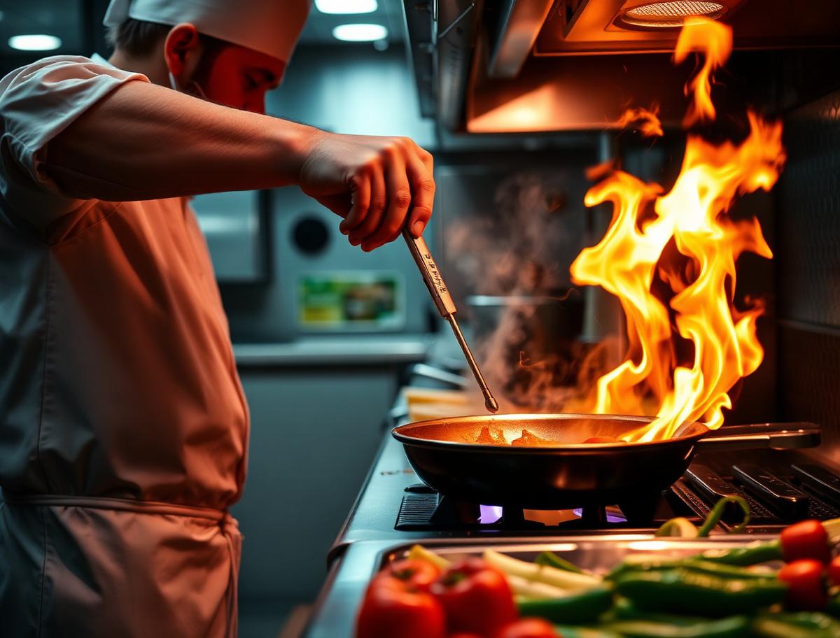 Line cook checking a temperature probe in a hot pan on a busy kitchen line