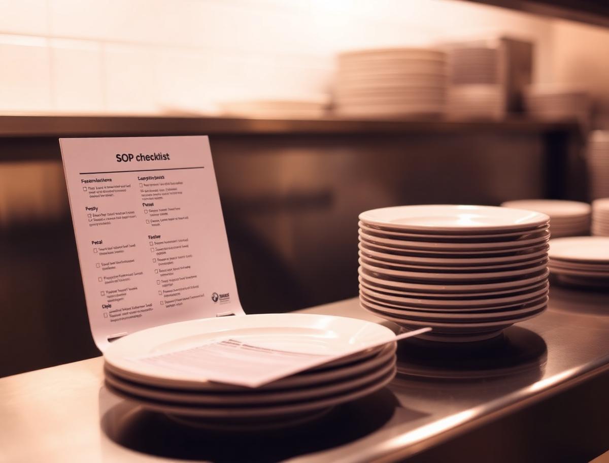 Laminated kitchen SOP checklist and a stack of clean plates on a stainless pass