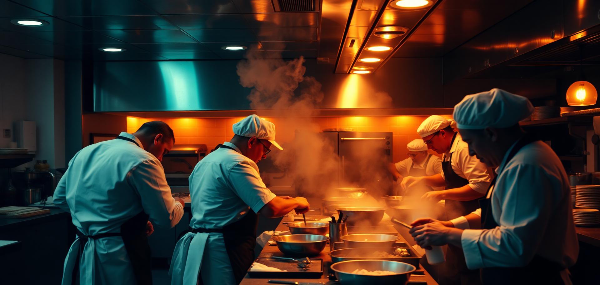 Restaurant kitchen brigade working in sync during the dinner rush