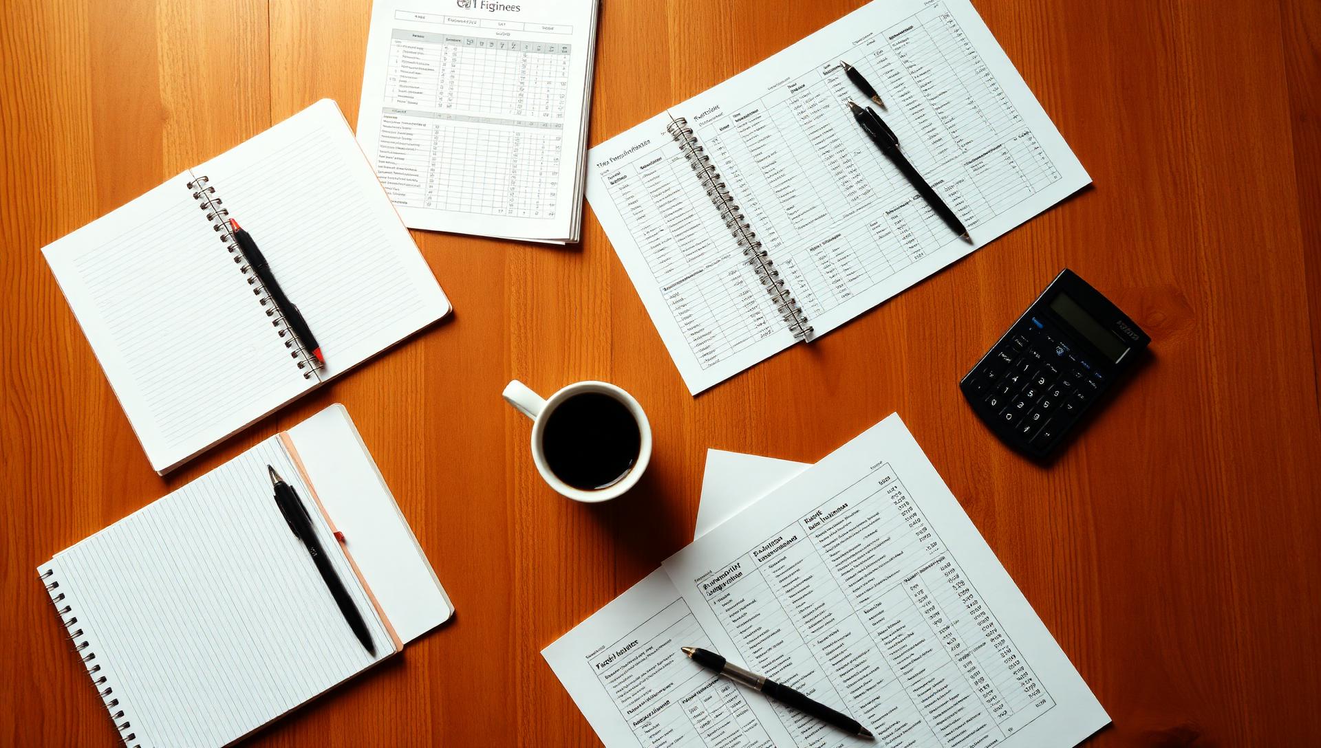 Restaurant planning table with notebooks, cost sheets, coffee and menu drafts on warm oak