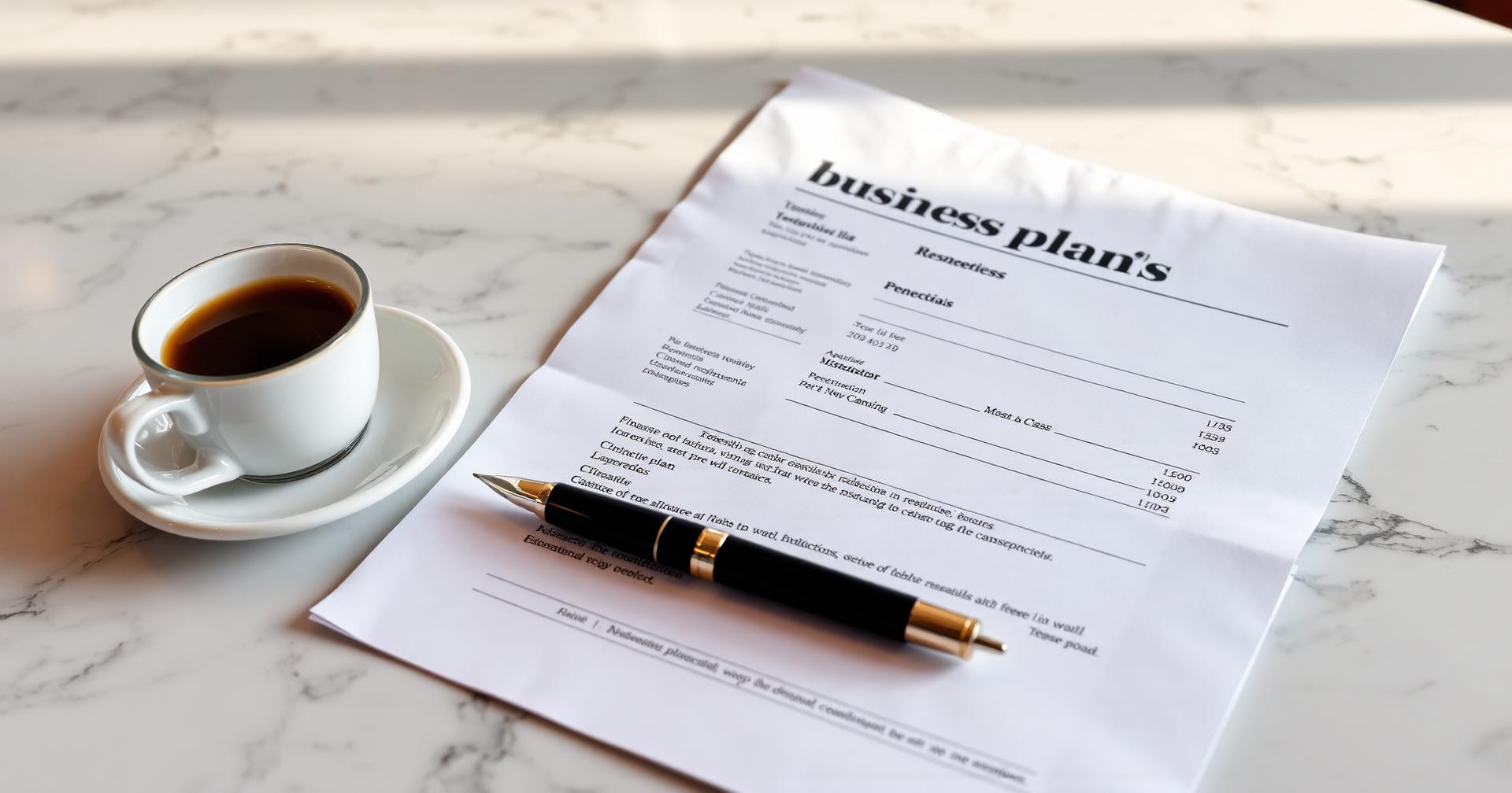 Printed restaurant business plan and financial projections beside espresso and a fountain pen