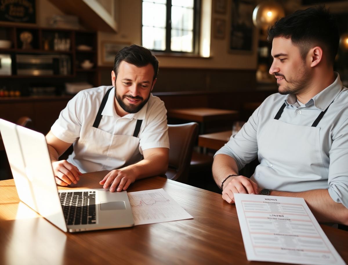 Two restaurant owners planning at a table with a laptop showing charts and a printed menu