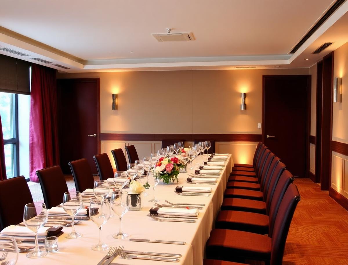 Private dining room set for a corporate event with a long table and floral centerpieces