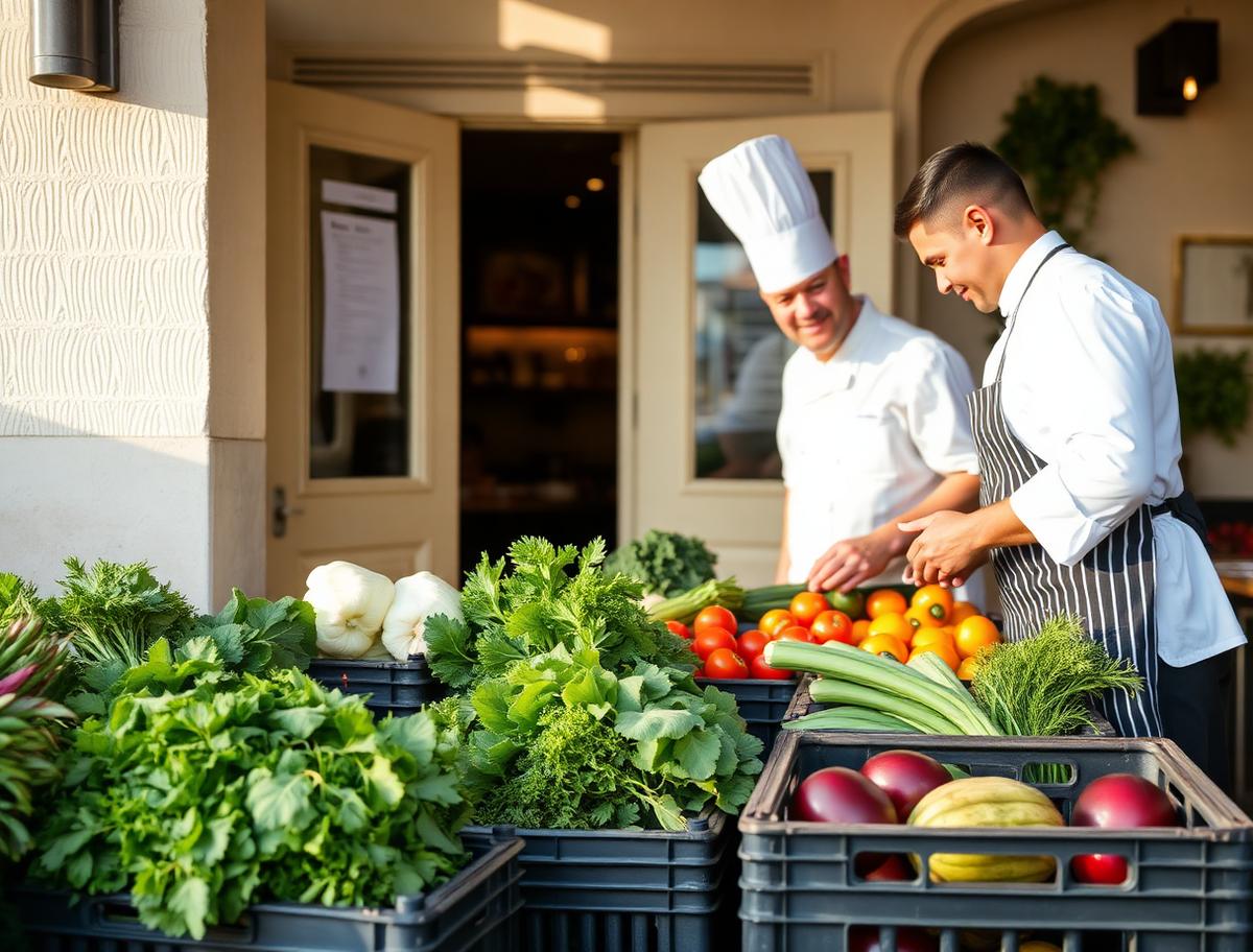 Chef and supplier inspecting crates of fresh vegetables at a restaurant back door