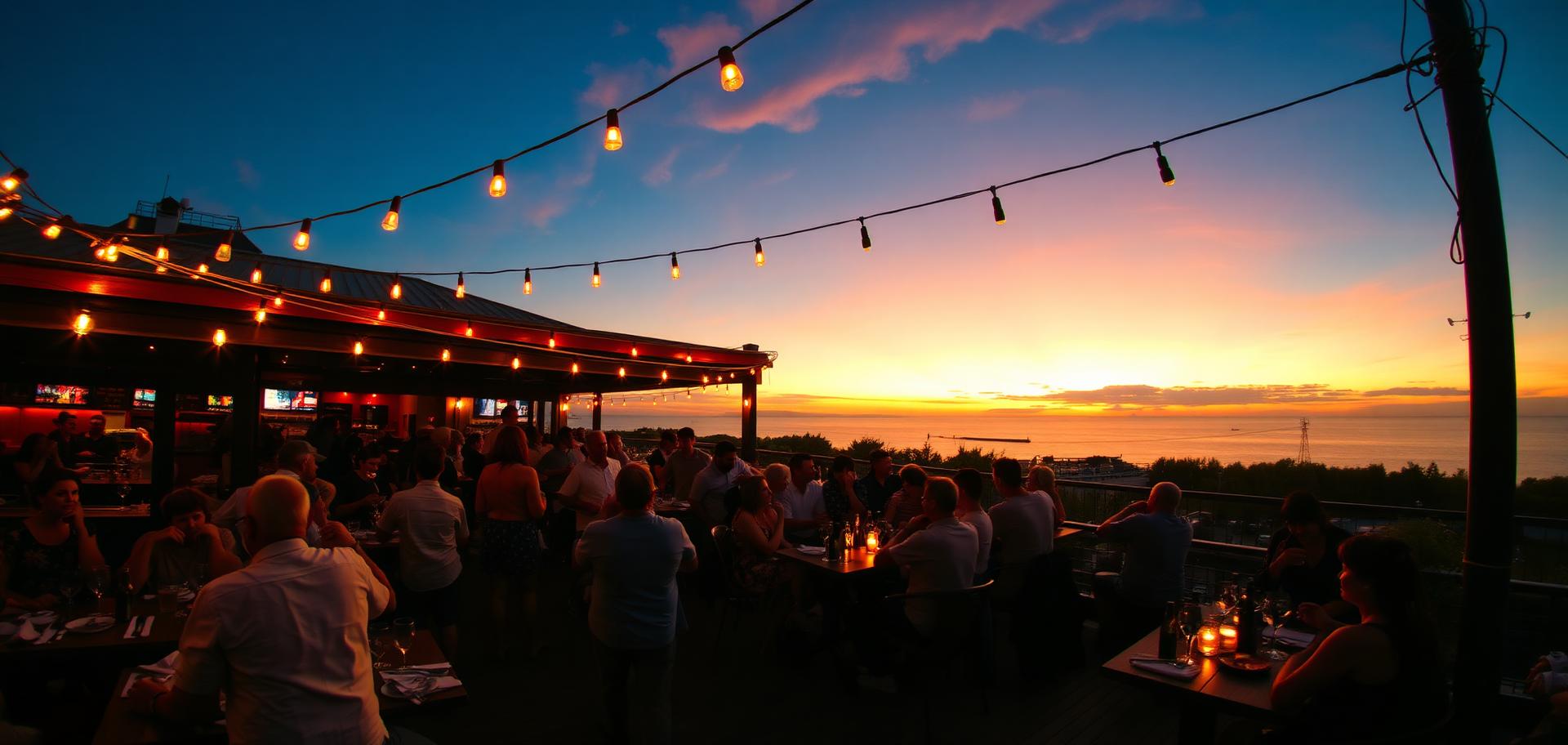 Restaurant terrace at sunset full of guests celebrating under string lights