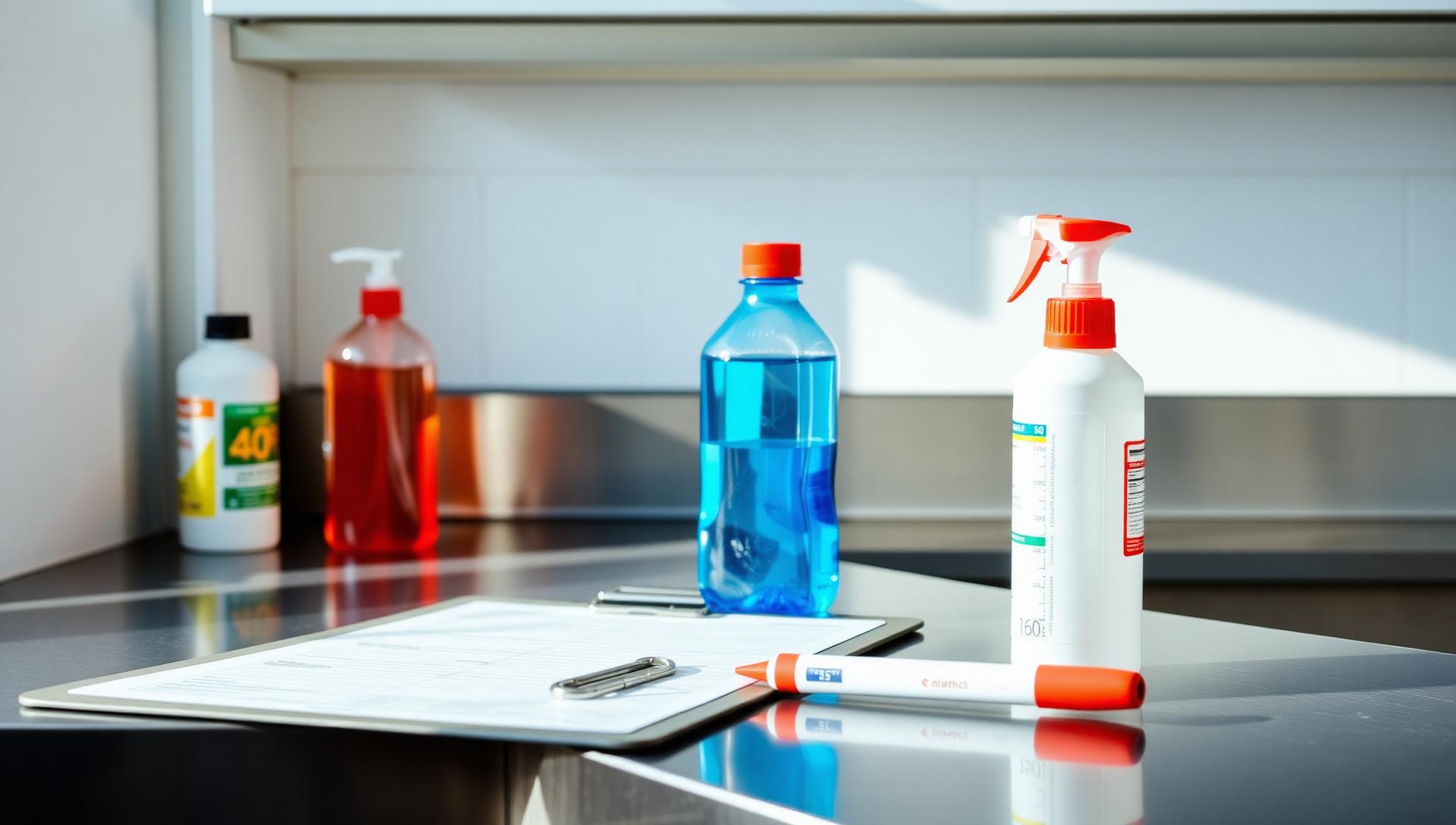 Health inspection clipboard, thermometer and sanitizer bottles on a clean stainless kitchen counter