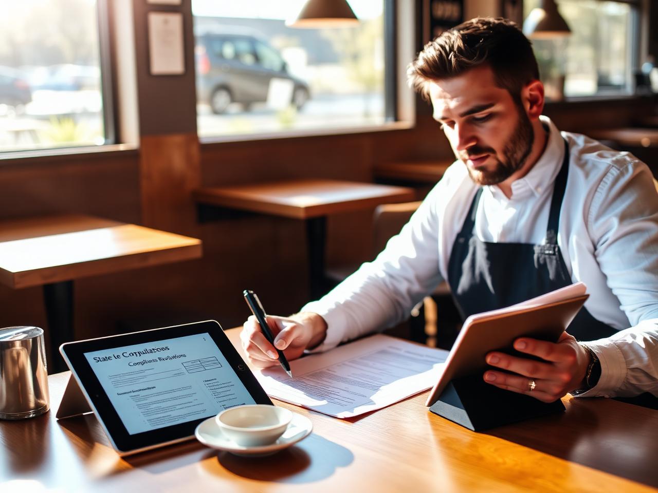 Restaurant owner signing compliance paperwork at a sunlit table with a tablet showing state regulations