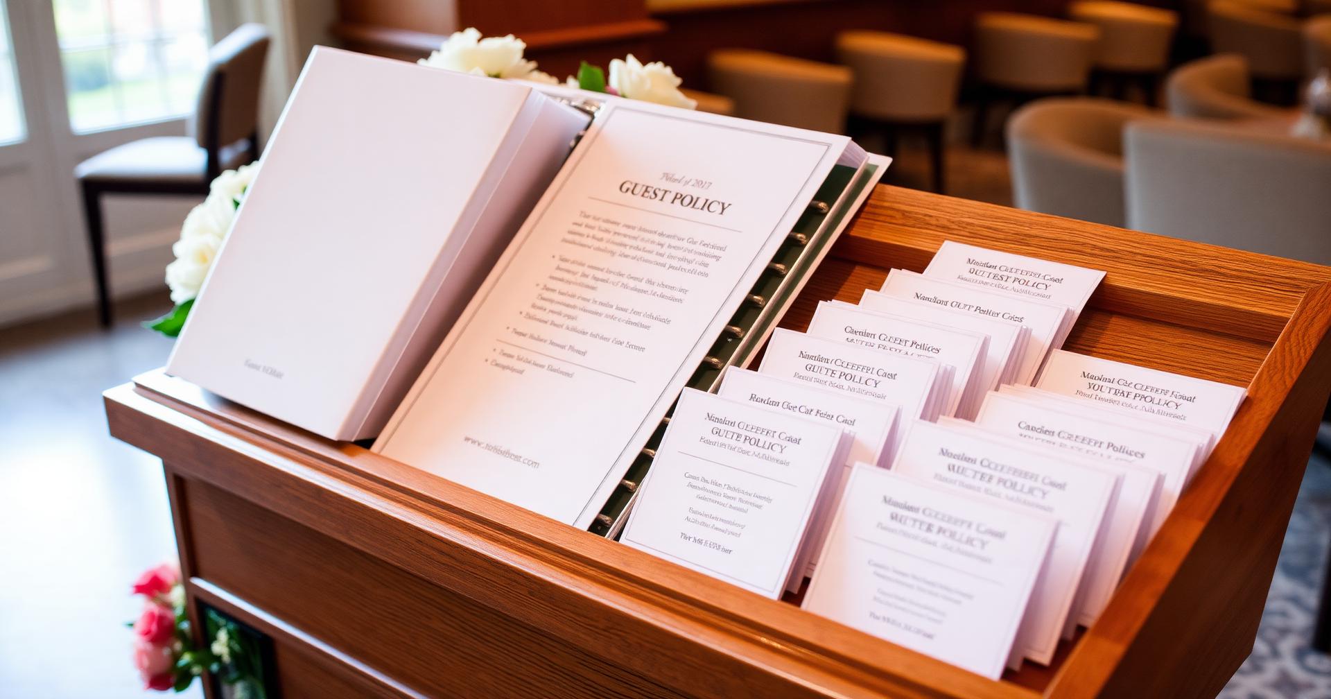 Restaurant policy binder and printed guest policy cards on a warm oak host stand
