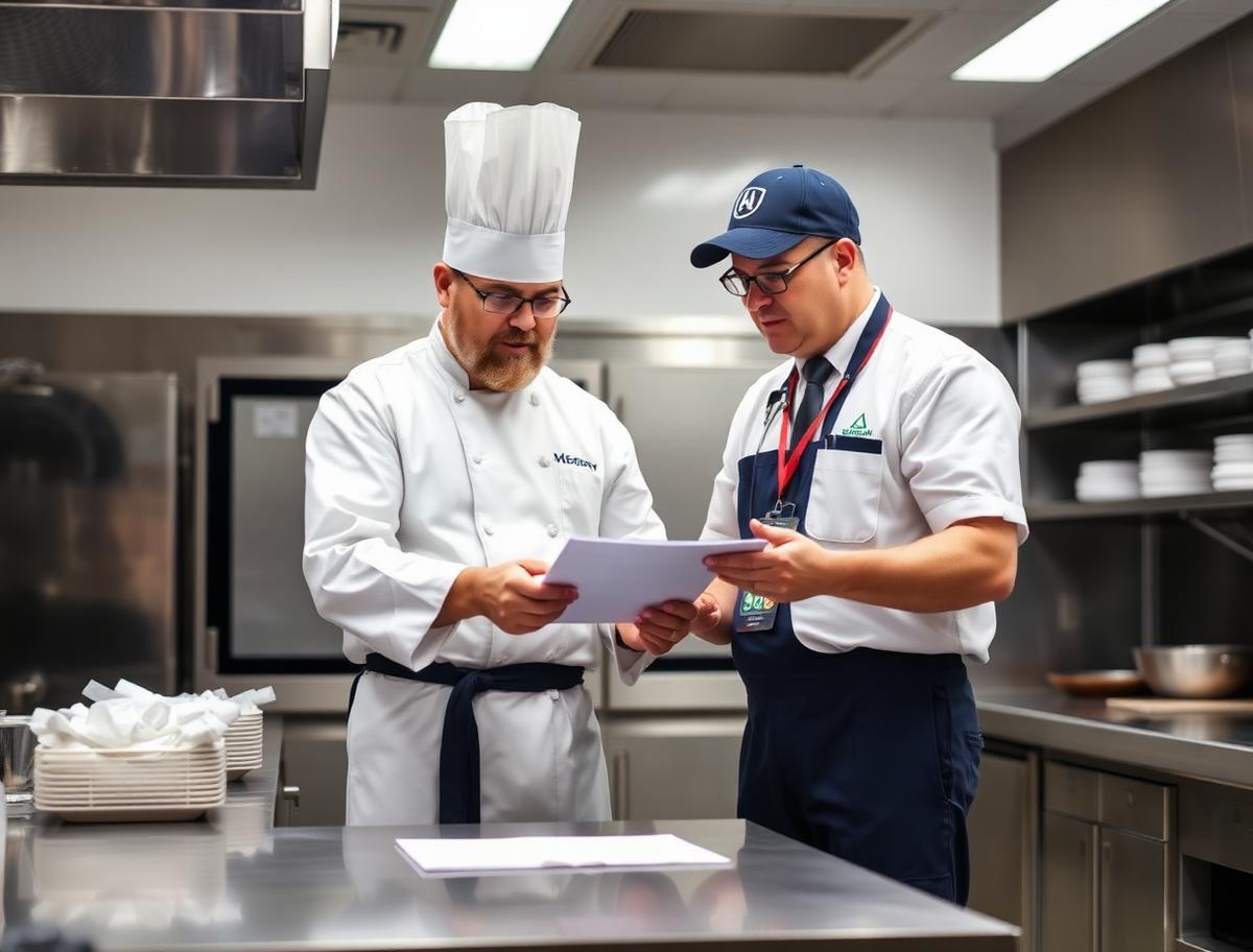 Chef and health inspector reviewing a checklist together in a professional kitchen