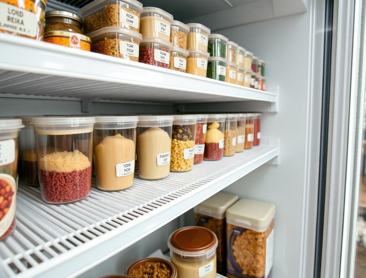 Walk-in cooler shelf with labeled and dated food containers in clean rotation