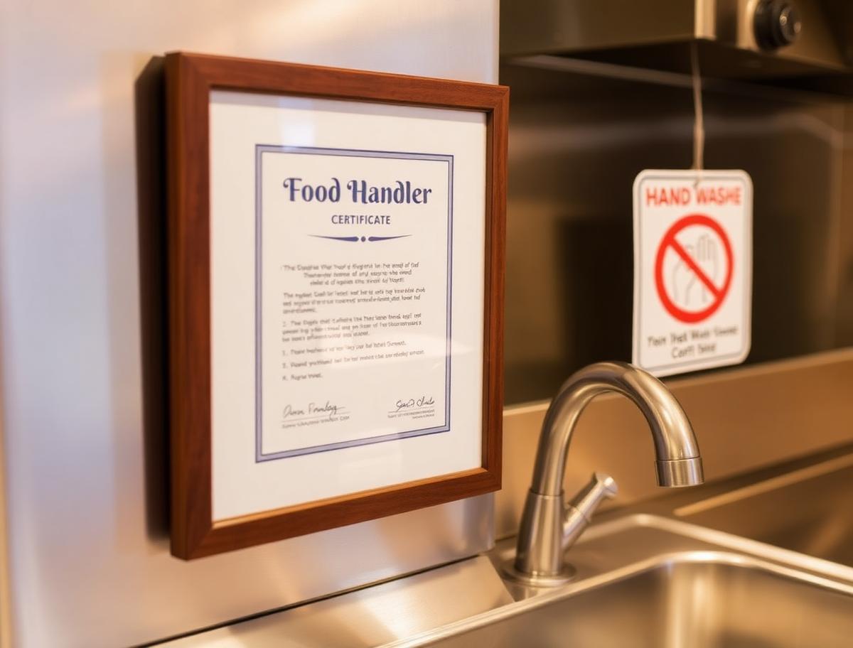 Framed food handler certificate and posted hand-washing sign beside a stainless kitchen sink