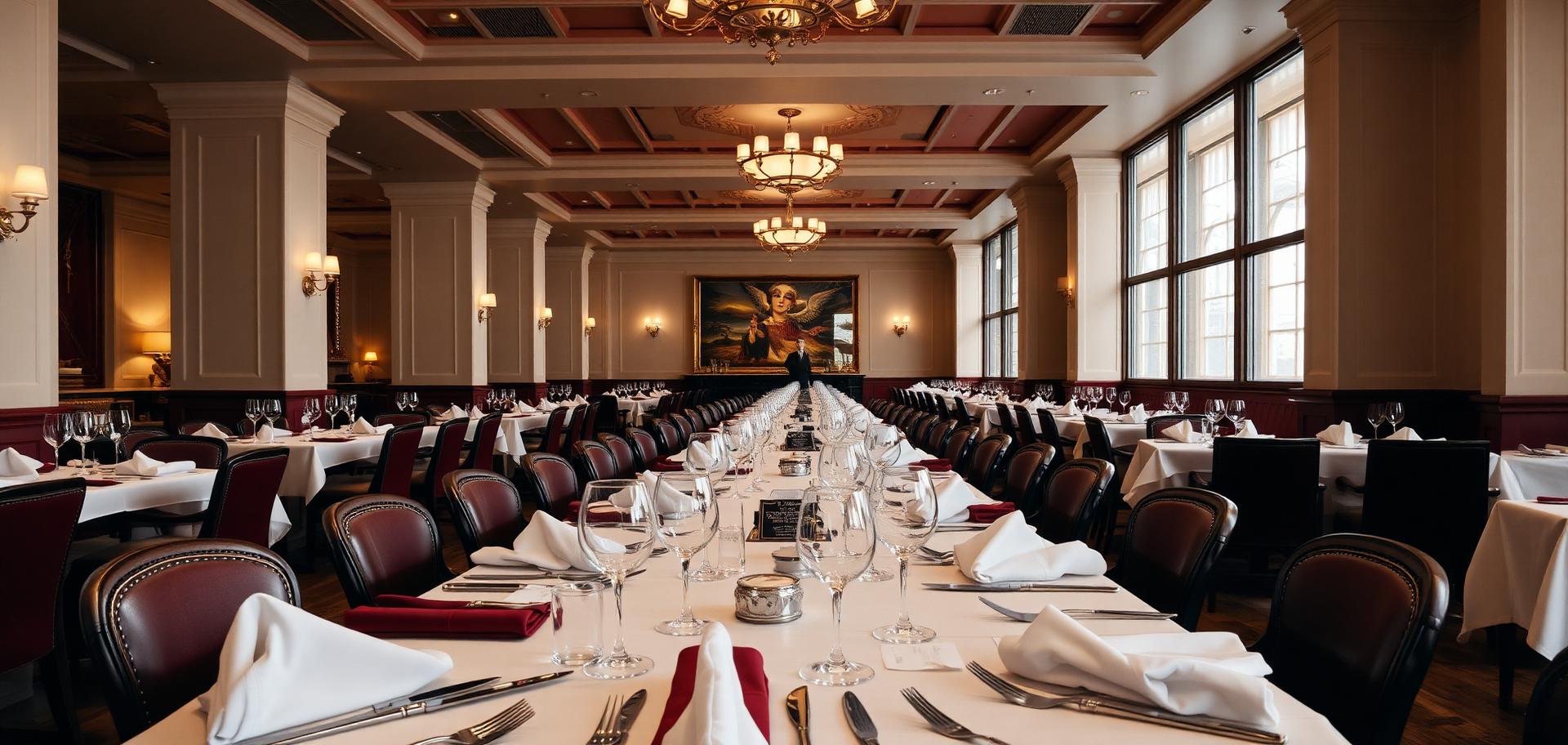 Immaculate restaurant dining room before service with polished glassware and folded napkins