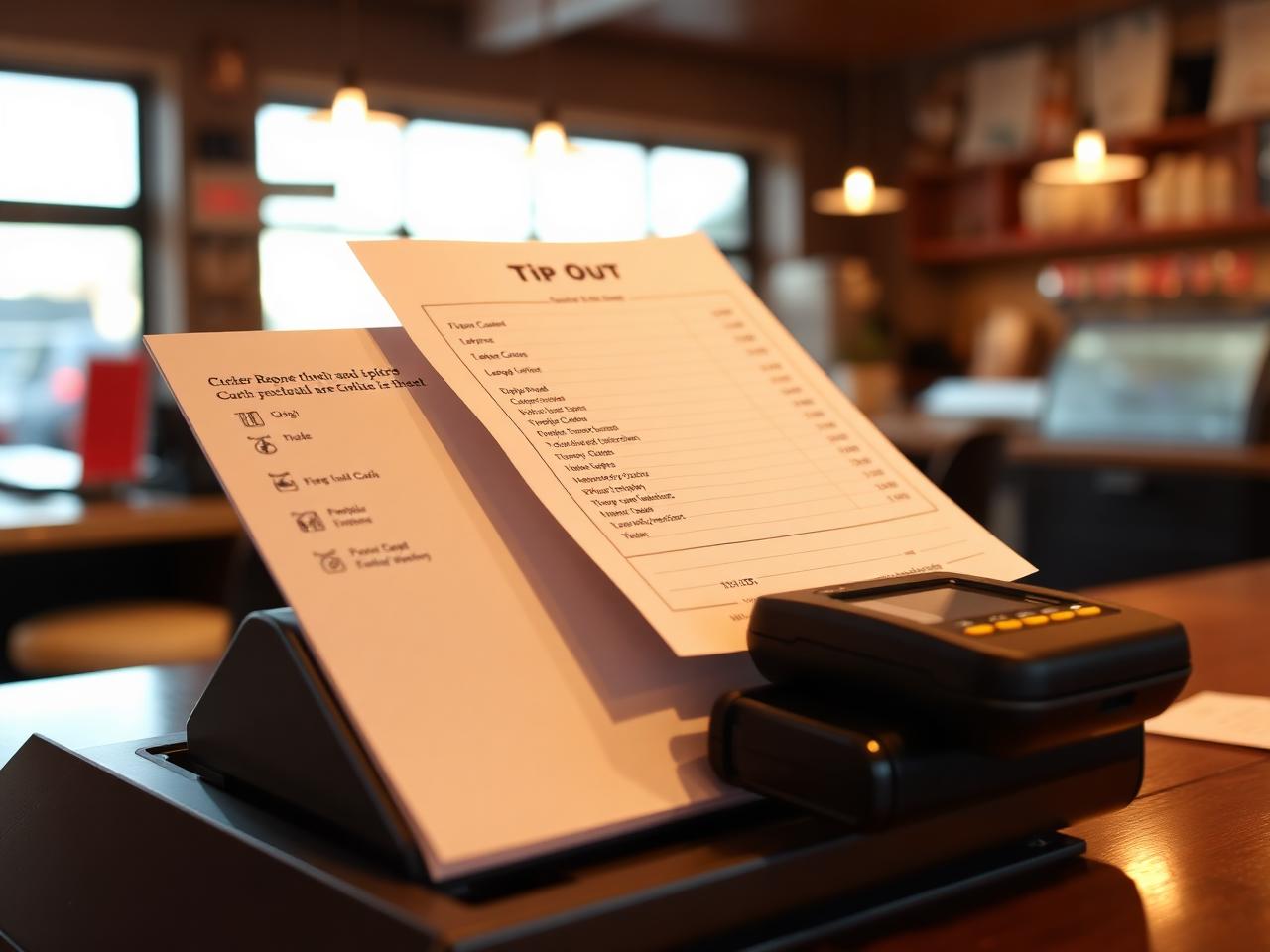 Tip-out sheet, cash and a card reader on a restaurant service station at end of shift